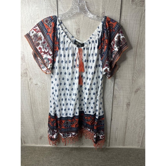 Absolutely Famous Tops - Absolutely Famous Womens Boho Peasant Top Orange Blue Paisley Fringe Size S